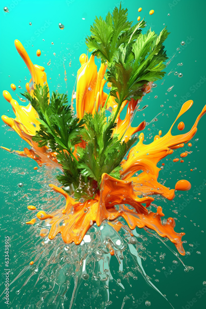 Poster an abstract surreal photograph of a parsley splashed in bright paint, symbolizing freshness and heal