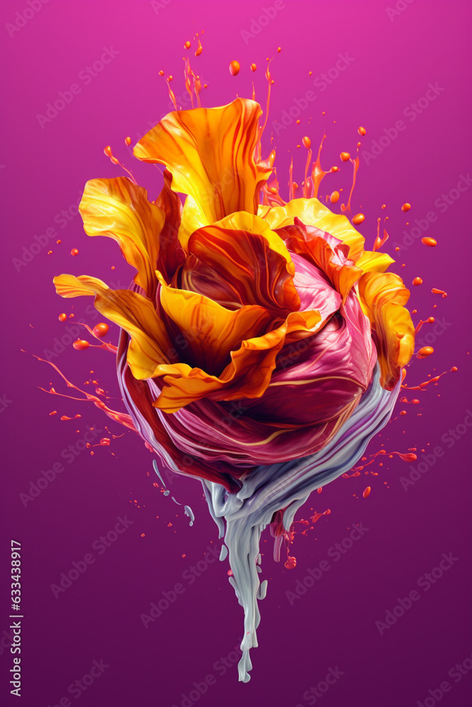 Poster an abstract surreal photograph of a radicchio splashed in bright paint, symbolizing freshness and he