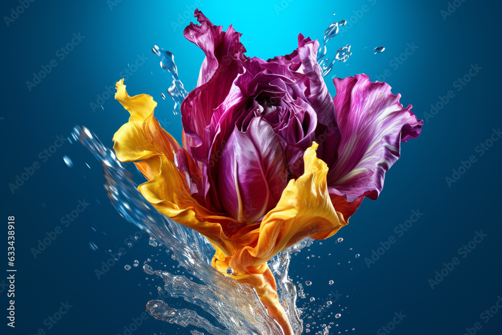 Poster an vibrant photograph of a radicchio splashed in bright paint, symbolizing freshness and health. gen