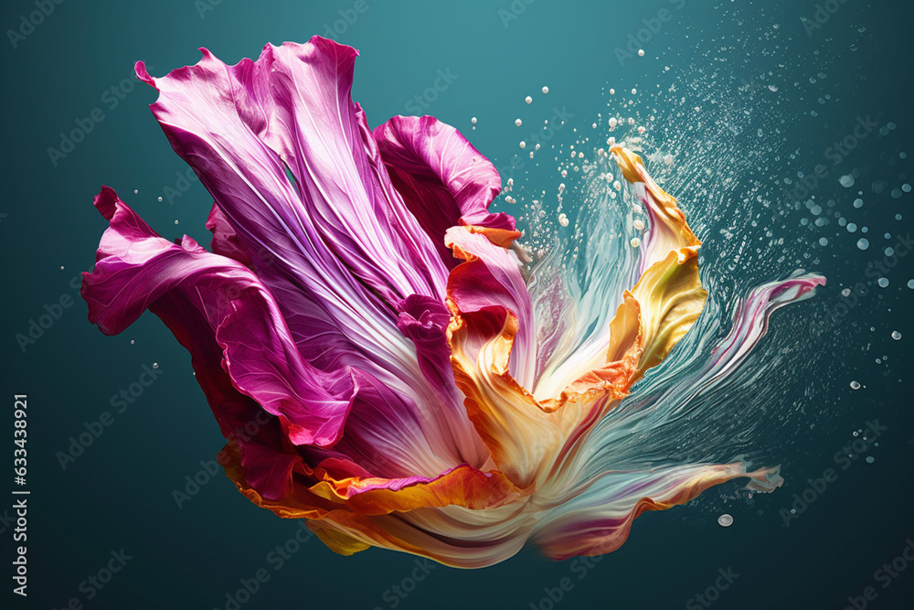 Poster an vibrant photograph of a radicchio splashed in bright paint, symbolizing freshness and health. gen