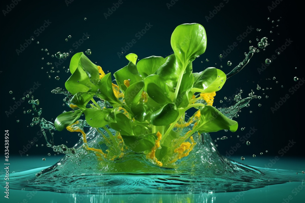 Poster an vibrant photograph of a watercress splashed in bright paint, symbolizing freshness and health. ge