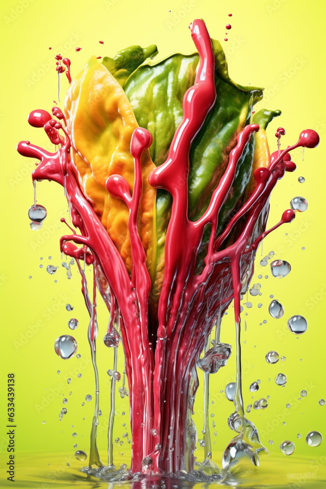 Aufkleber an abstract surreal photograph of a rhubarb splashed in bright paint, symbolizing freshness and heal