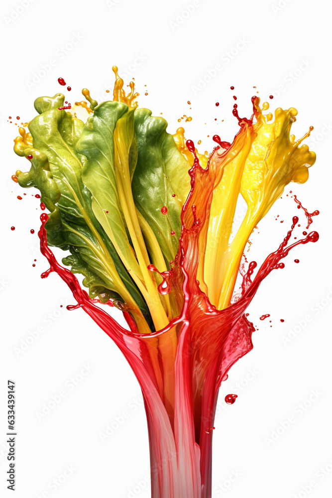 Poster an abstract surreal photograph of a rhubarb splashed in bright paint, symbolizing freshness and heal