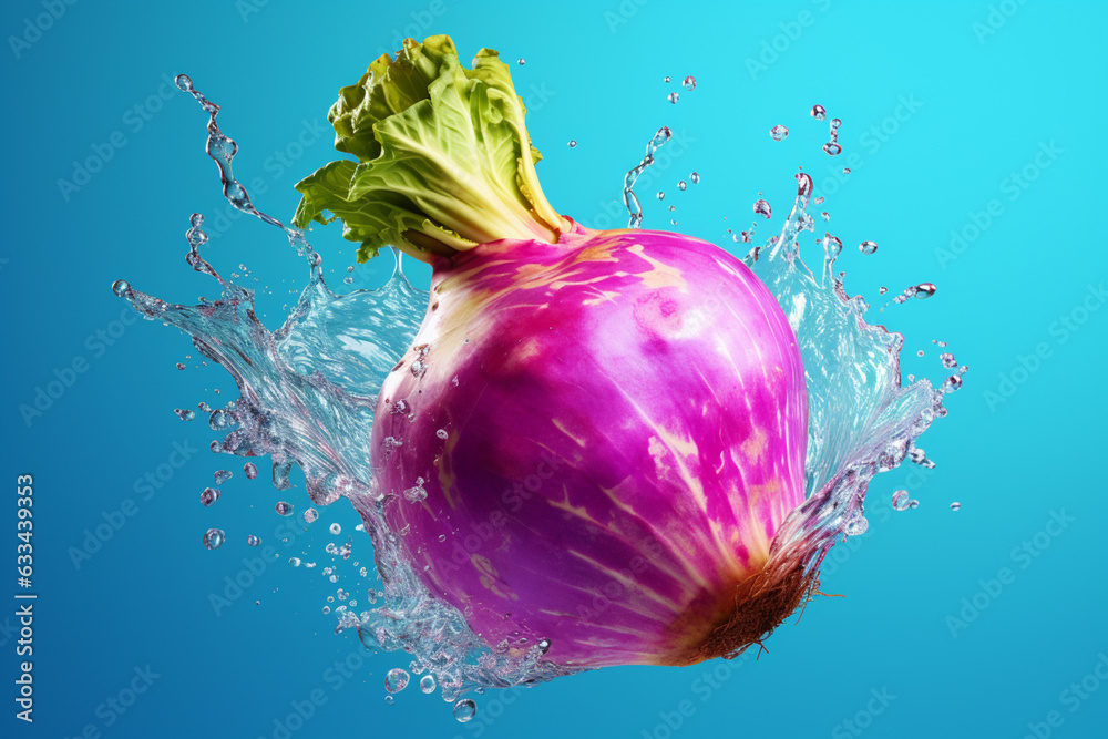 Poster an vibrant photograph of a kohlrabi splashed in bright paint, symbolizing freshness and health. gene