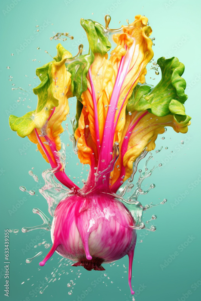 Poster an abstract surreal photograph of a kohlrabi splashed in bright paint, symbolizing freshness and hea