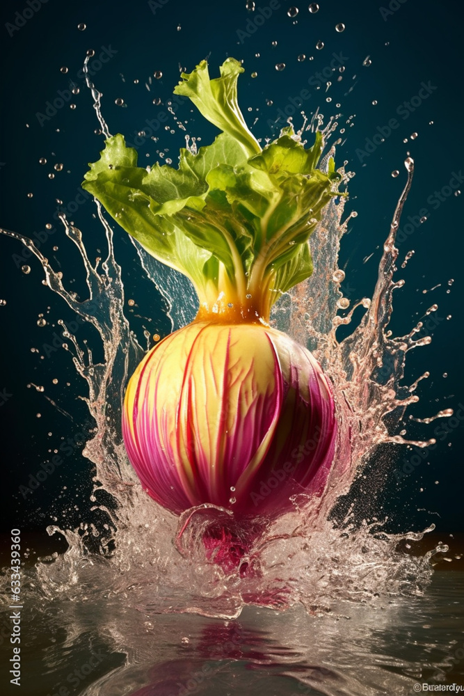 Aufkleber an abstract surreal photograph of a kohlrabi splashed in bright paint, symbolizing freshness and hea