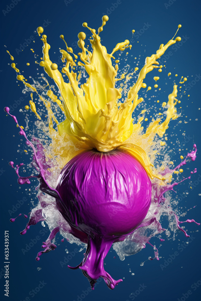 Poster an abstract surreal photograph of a kohlrabi splashed in bright paint, symbolizing freshness and hea