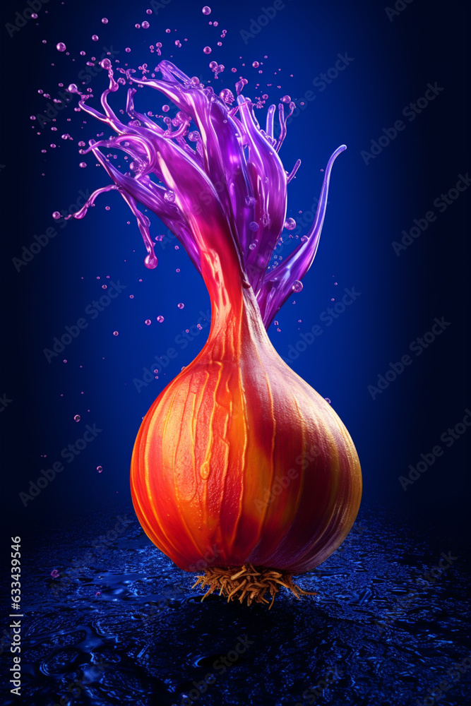 Poster An abstract surreal photograph of a Shallot splashed in bright paint, symbolizing freshness and health. Generative AI technology.