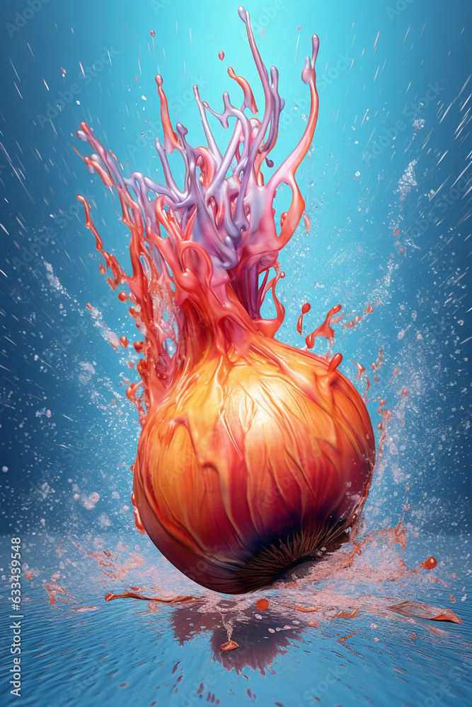 Poster An abstract surreal photograph of a Shallot splashed in bright paint, symbolizing freshness and health. Generative AI technology.