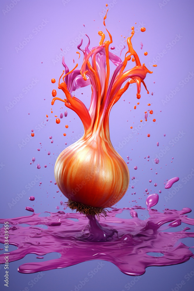 Poster An abstract surreal photograph of a Shallot splashed in bright paint, symbolizing freshness and health. Generative AI technology.