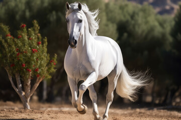Naklejka na ściany i meble White Andalusian horse run gallop outdoors. Andalusian horse, originating from the Iberian Peninsula, is admired for its elegance and versatility in various equestrian pursuits