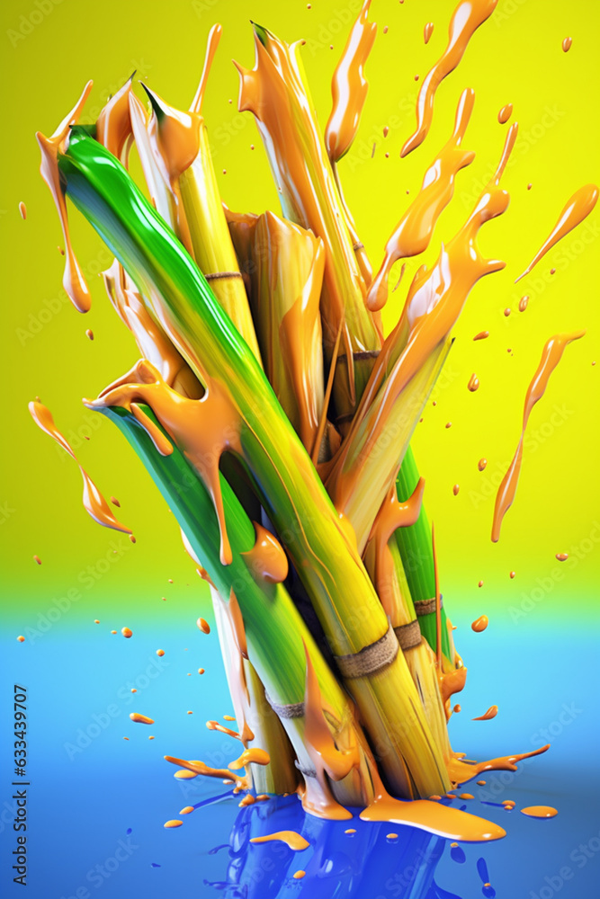 Poster an abstract surreal photograph of a bamboo shoots splashed in bright paint, symbolizing freshness an