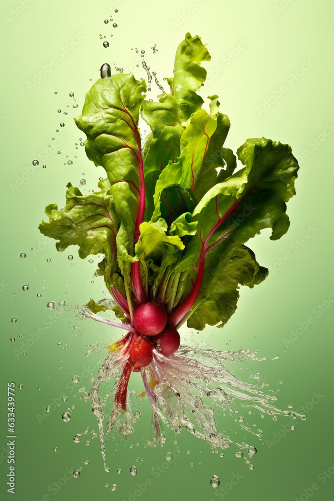 Poster an abstract surreal photograph of a turnip greens splashed in bright paint, symbolizing freshness an