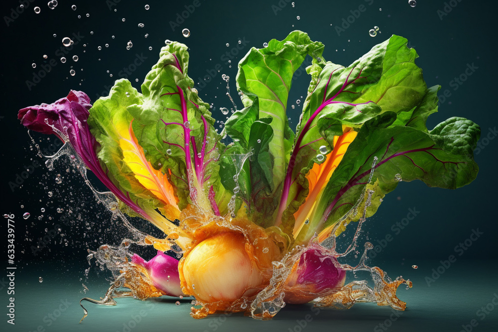 Poster an vibrant photograph of a turnip greens splashed in bright paint, symbolizing freshness and health.