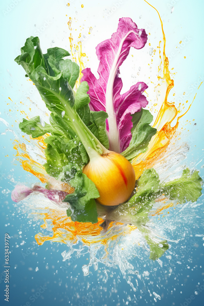 Aufkleber an abstract surreal photograph of a turnip greens splashed in bright paint, symbolizing freshness an