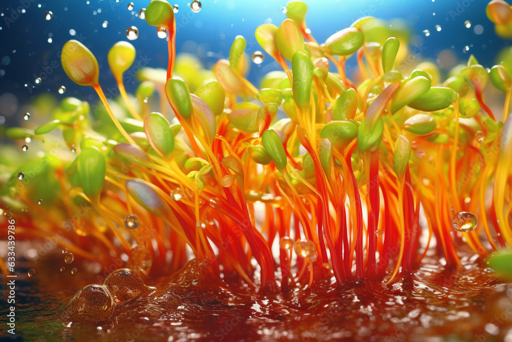 Poster an vibrant photograph of a mung bean sprouts splashed in bright paint, symbolizing freshness and hea