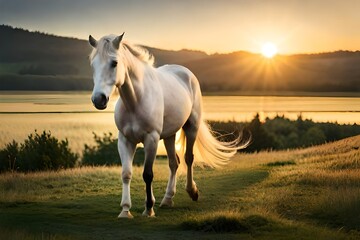 Obraz na płótnie Canvas horse in the meadow at sunrise generated by AI tool 