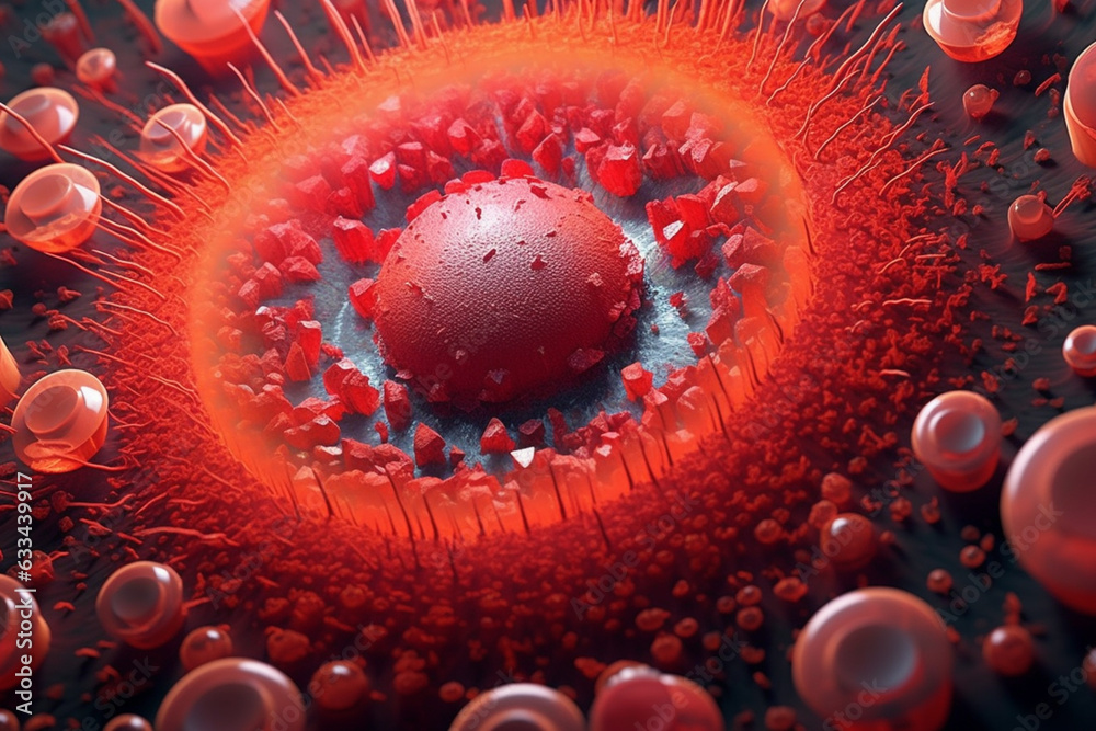 Poster a bacterial colony with a circular shape and smooth edges, featuring a vibrant red coloration. gener