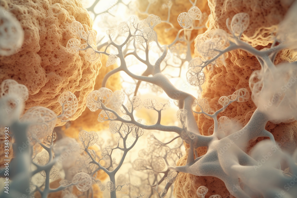 Poster A dense bacterial colony with irregular edges and a pale yellowish coloration, resembling a branching tree structure.  Generative AI technology.