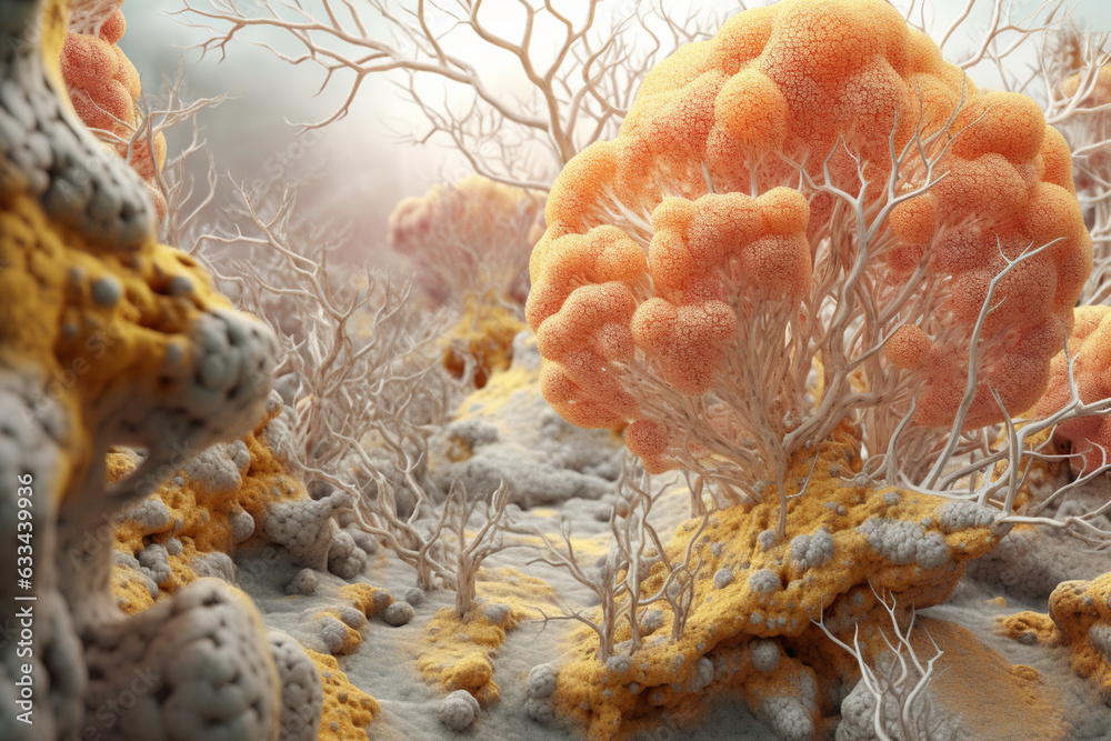 Aufkleber A dense bacterial colony with irregular edges and a pale yellowish coloration, resembling a branching tree structure.  Generative AI technology.