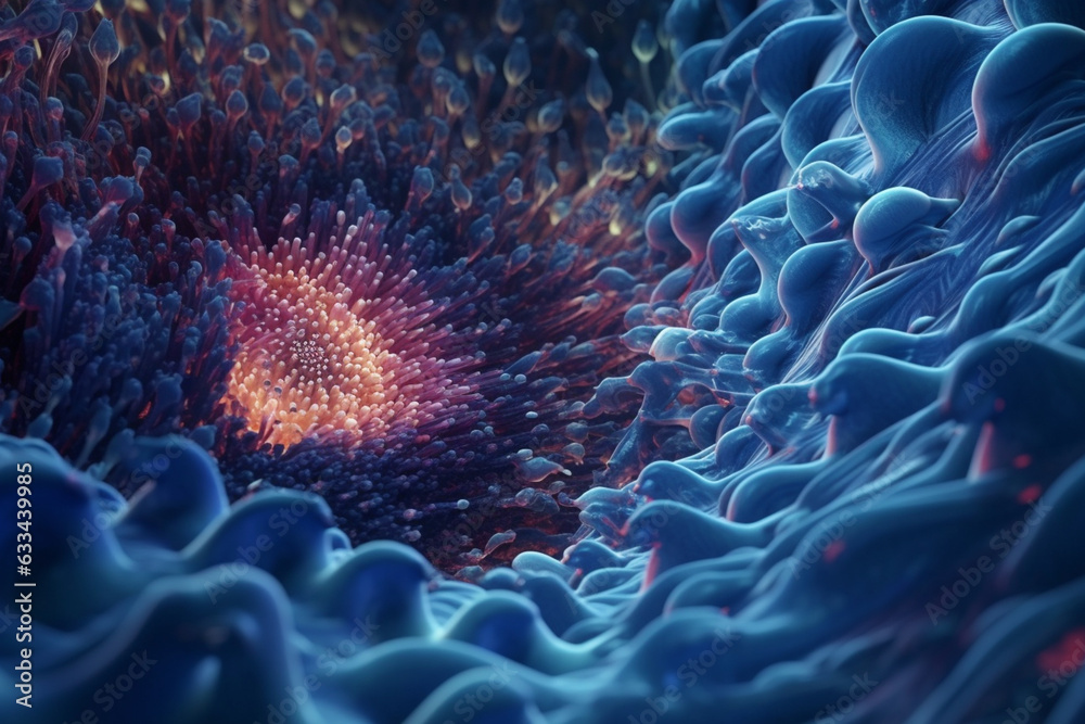 Poster an elongated bacterial colony with a wavy pattern and a deep blue color, resembling a swirling wave.