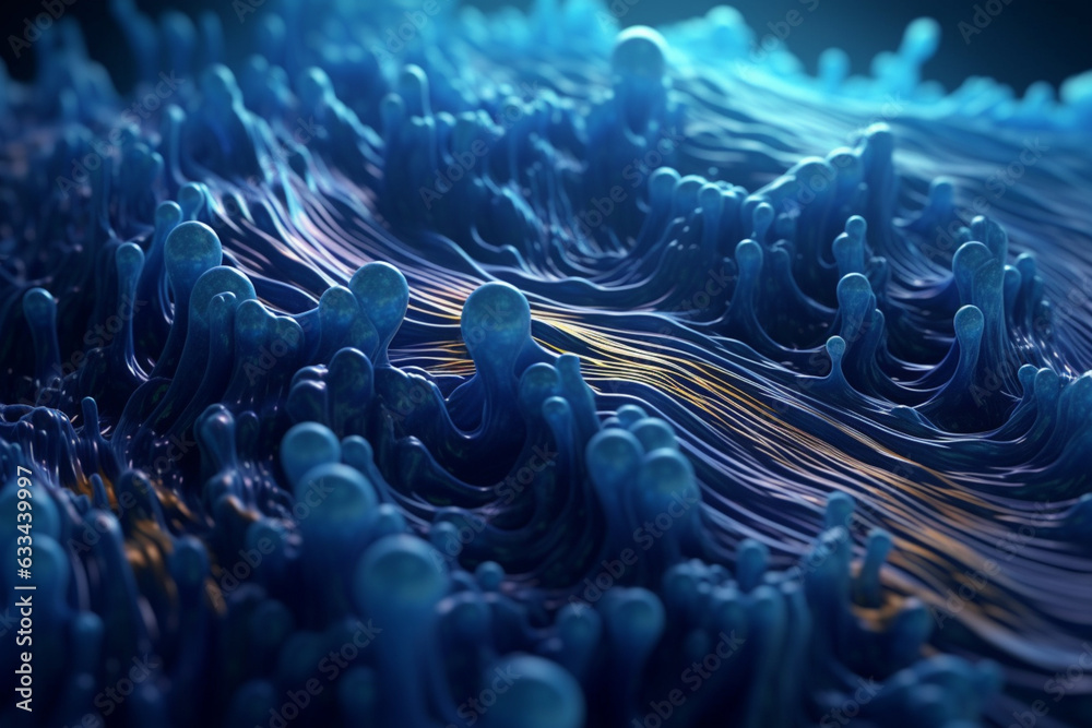 Poster an elongated bacterial colony with a wavy pattern and a deep blue color, resembling a swirling wave.