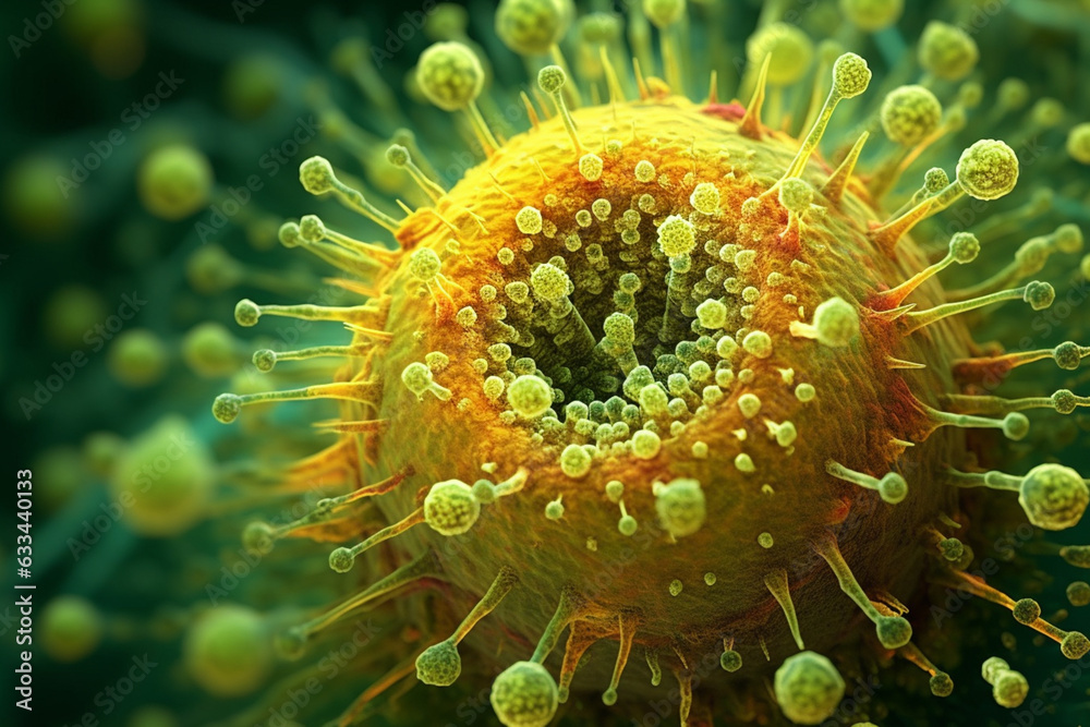Aufkleber A bacterial colony with a star-like shape and radial projections, displaying a combination of green and yellow hues.  Generative AI technology.