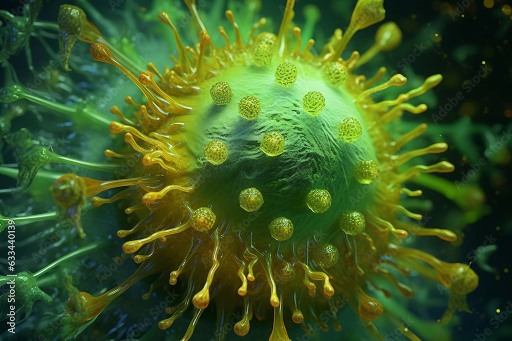 Aufkleber a bacterial colony with a star-like shape and radial projections, displaying a combination of green 