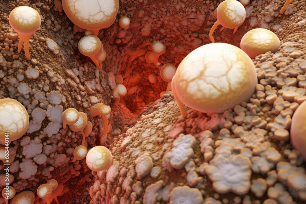 Aufkleber A large bacterial colony with a flat and irregular shape, featuring a mottled appearance in shades of brown and beige.  Generative AI technology.
