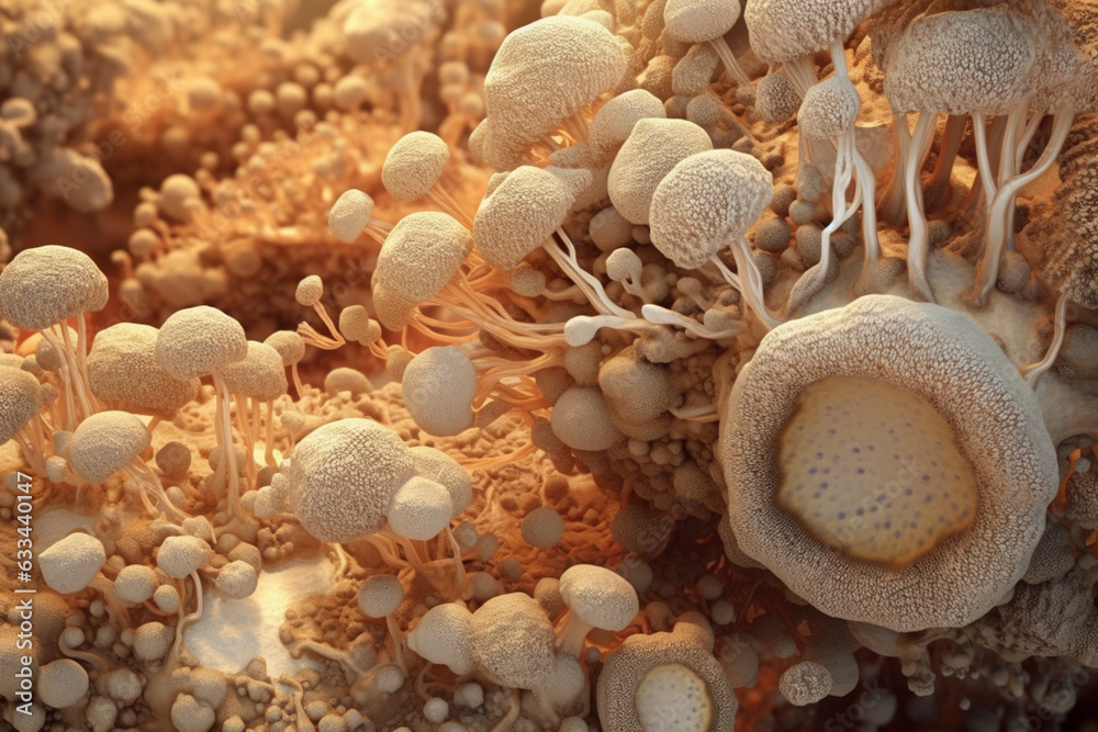 Aufkleber A large bacterial colony with a flat and irregular shape, featuring a mottled appearance in shades of brown and beige.  Generative AI technology.