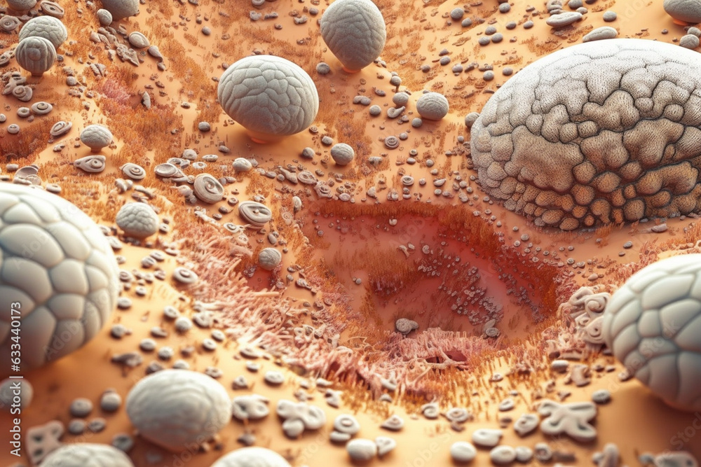Aufkleber A large bacterial colony with a flat and irregular shape, featuring a mottled appearance in shades of brown and beige.  Generative AI technology.