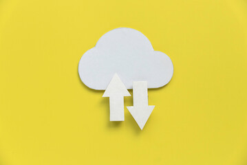 Cloud computing data storage concept.Network computing technologies. Digital server. Icon of cloud with arrow on yellow background. 
