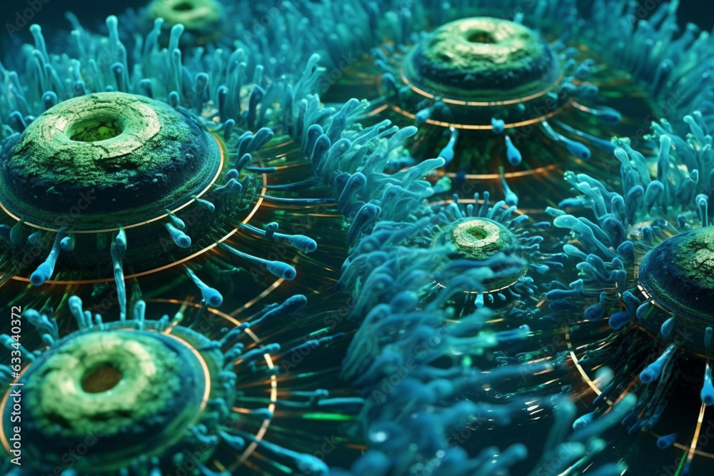 Poster A spreading bacterial colony with intricate patterns of concentric circles, exhibiting a combination of blue and green hues.  Generative AI technology.