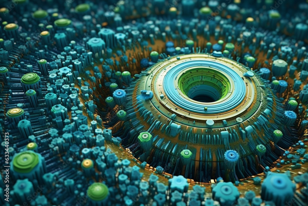 Poster a spreading bacterial colony with intricate patterns of concentric circles, exhibiting a combination