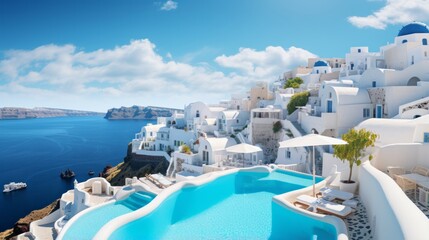 Naklejka premium Photo of a breathtaking ocean view from the majestic cliffs of Santorini. White washed houses and luxurious swimming pools - created with Generative AI technology