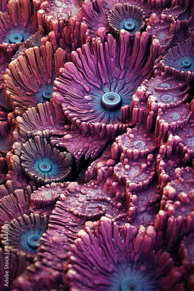 Poster A spreading bacterial colony with intricate patterns of concentric rings, exhibiting a combination of pink and purple hues.  Generative AI technology.