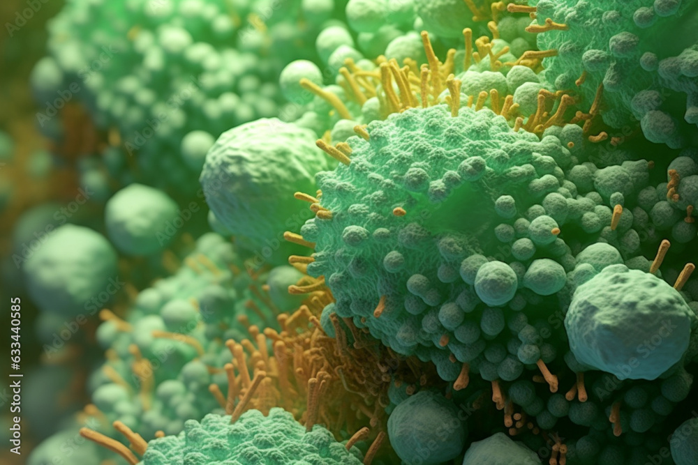 Poster A bacterial colony with irregular edges and a rough surface, resembling a cluster of small spheres, and displaying a pale green color.  Generative AI technology.