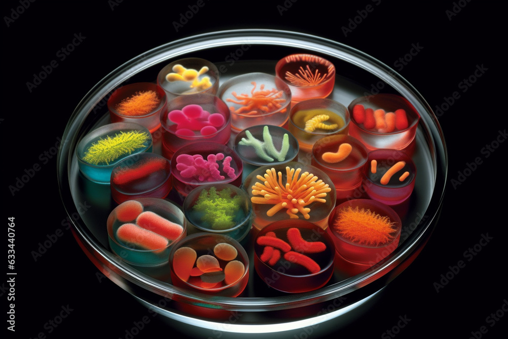 Poster a petri dish with multiple bacterial colonies, each exhibiting a distinct color, ranging from vibran