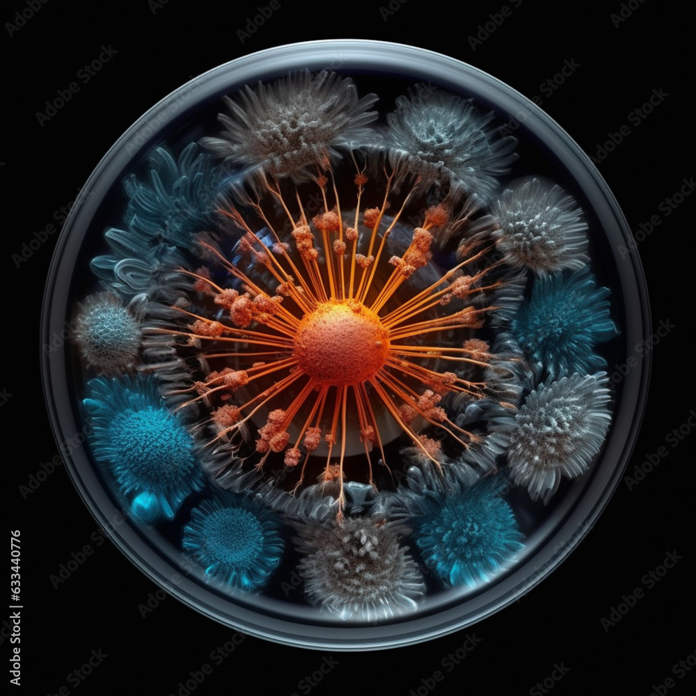 Aufkleber A petri dish with bacterial colonies spreading outwards from a central point, forming intricate patterns reminiscent of a snowflake.  Generative AI technology.