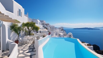 Fototapeta premium Photo of a breathtaking ocean view from the majestic cliffs of Santorini. White washed houses and luxurious swimming pools - created with Generative AI technology