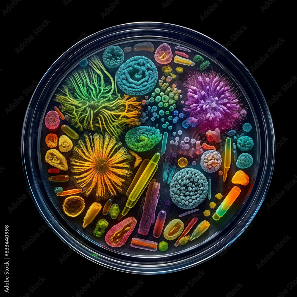 Poster a high-resolution image of a petri dish capturing the intricate details of individual bacterial colo