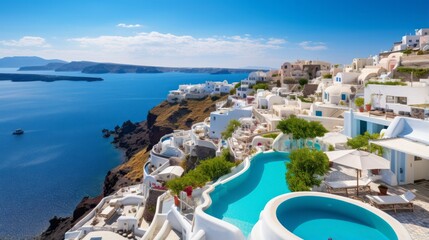 Photo of a breathtaking ocean view from the majestic cliffs of Santorini. White washed houses and luxurious swimming pools - created with Generative AI technology