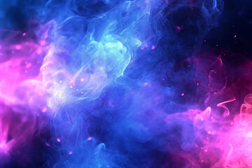 Dark abstract background, magic smoke and sparks, neon pink blue and white glowing. AI Generative