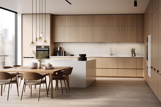 Fototapeta A modern Scandinavian style apartment interior in the Japandi design theme. The kitchen features wooden cabinets and a marble countertop island. A render illustration is created to showcase the design