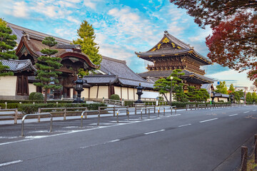 Kyoto city. Road in Japan. Road near ancient temple. Kyoto in sunny weather. Japanese architecture. Empty track in Japanese province. Autumn in Japan. Weekend in Kyoto. Island Japan