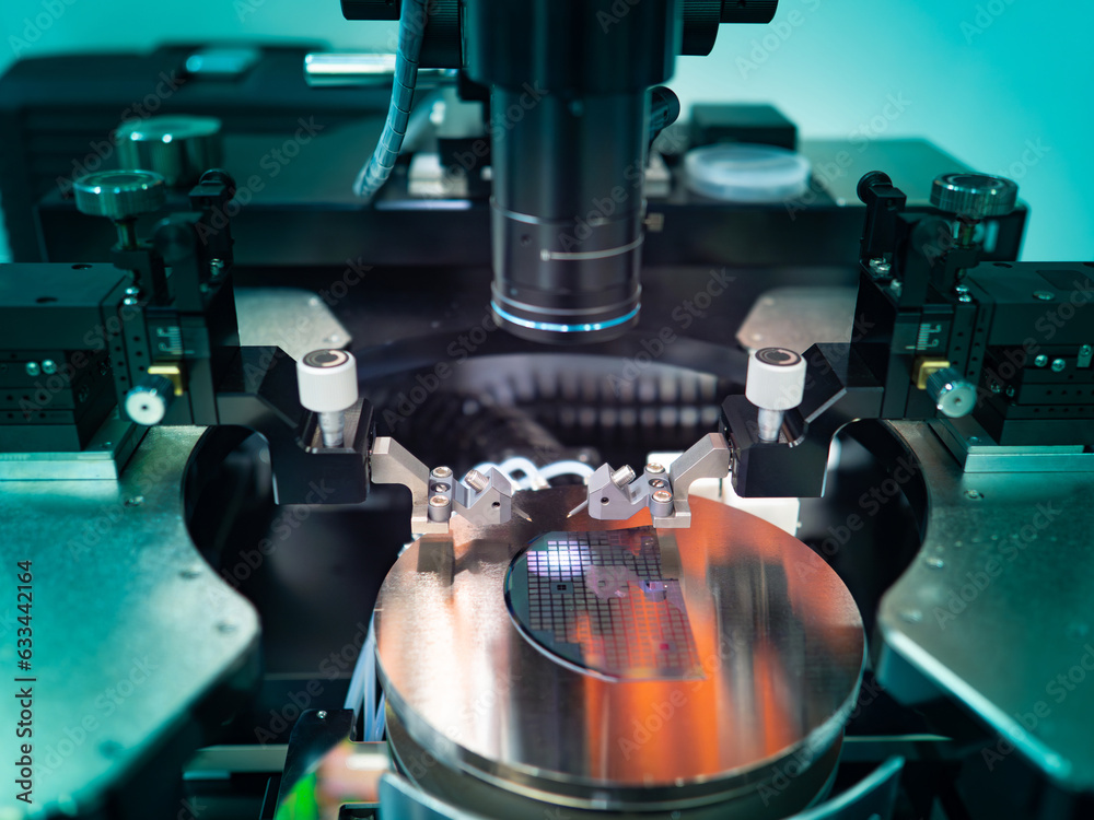 Poster Microprocessors testing equipment. Manufacturing of microchips. Close-up study of test sample of transistor. Microprocessors under microscope in laboratory. Automation of production microprocessors.
