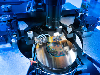 Manufacture of microchips. Creation nanochips. Equipment for production of microchips. Creation and testing of electronic chip under microscope. Microchip testing equipment. Microelectronics factory