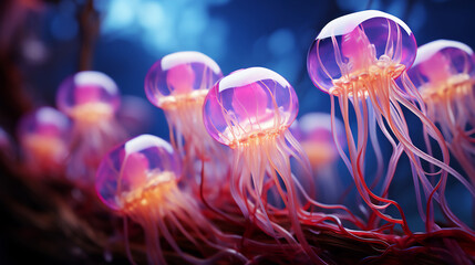 Surreal neon body texture jelly fish, surreal under water background, close up. Group of animals,...