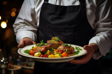 waiter serving meat with vegetables. generative ai