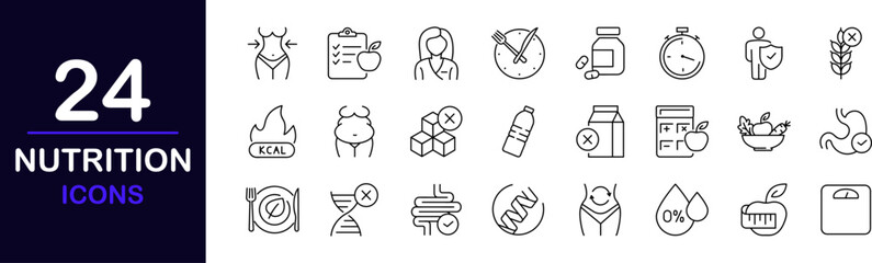 Nutrition web icons set. Healthy food - simple thin line icons collection. Containing detox, diet, fat, protein, vegetables, fruit, carbohydrates, sugar and more. Simple web icons set